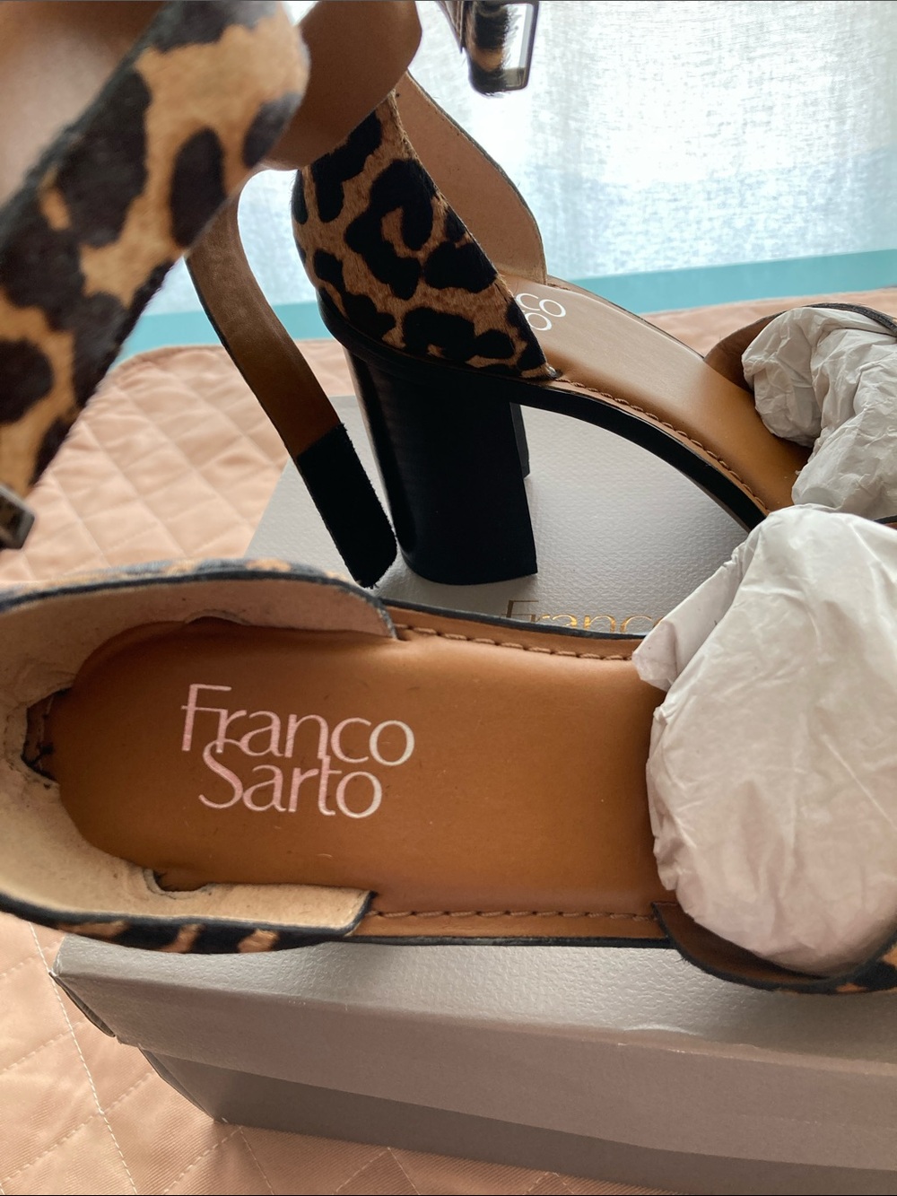 Franco Sarto Leopard Print Block Heel Sandals - Camel/Black size 9M - Picture 4 of 6